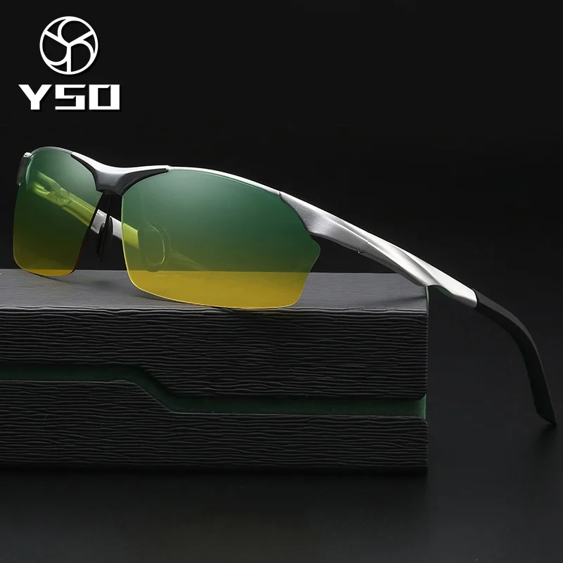 

YSO Sunglasses Men Polarized UV400 Aluminium Magnesium Frame HD Night Vision Driving Glasses Semi Rimless Accessory For Men 8513