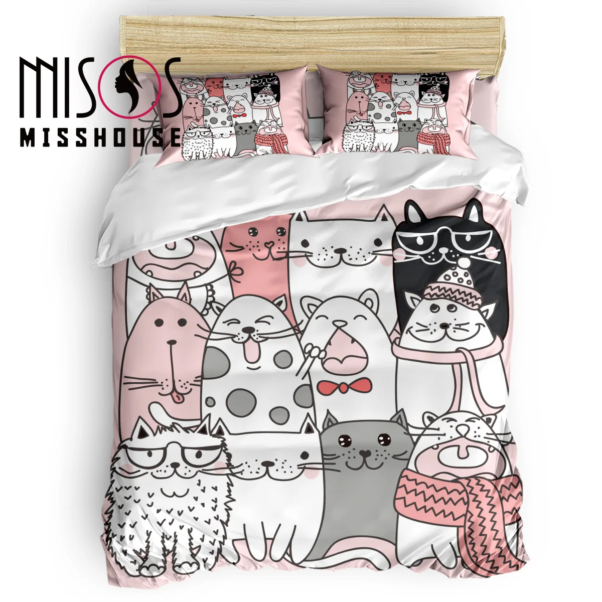 MISSHOUSE Cartoon Animal Cute Cats Duvet Cover Set Bed Sheets Comforter Pillowcases 4pcs Bedding Sets | Дом и сад