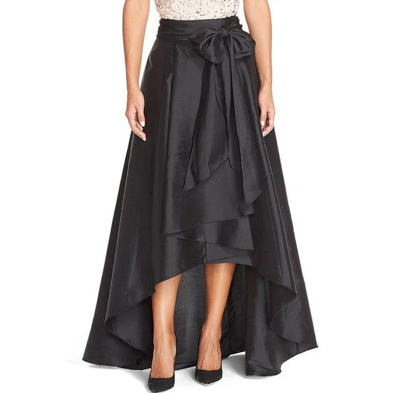 

Elegant Black High Low Taffeta Skirts 2017 Fashion Asymmetrical Long Skirts Womens Chic Bow Pleated Skirt Custom Made