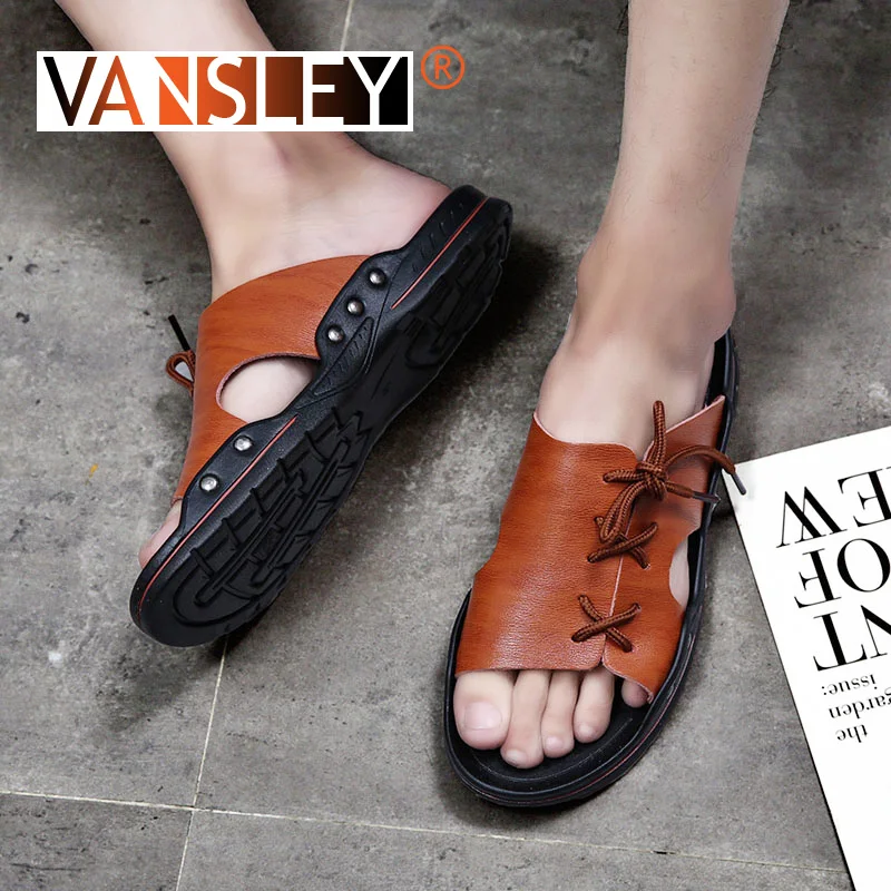

Genuine Leather Summer Flat Men Slippers Beach Shoes Men Flip Flops Breather Slippers Outdoor Breathable Slippers Sandals 38-45