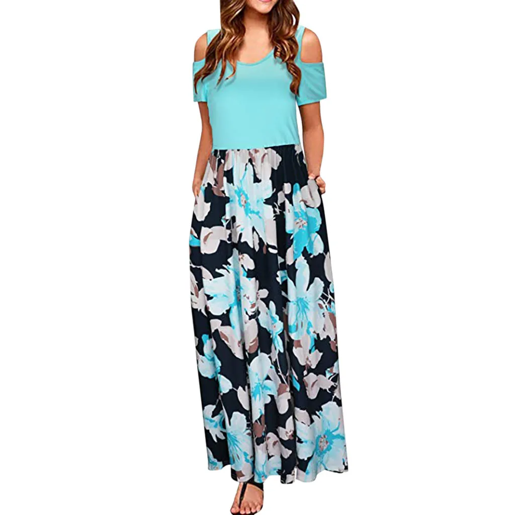 

Women' Cold Shoulder Pocket Floral Print Elegant Maxi Short Sleeve Casual Dress