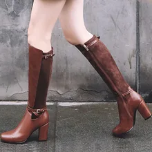 Распродажа; большие размеры 33-43; сапоги до колена на не сужающемся книзу высоком массивном каблуке; женская обувь; Прямая поставка; Цвет черный, коричневый; женские сапоги