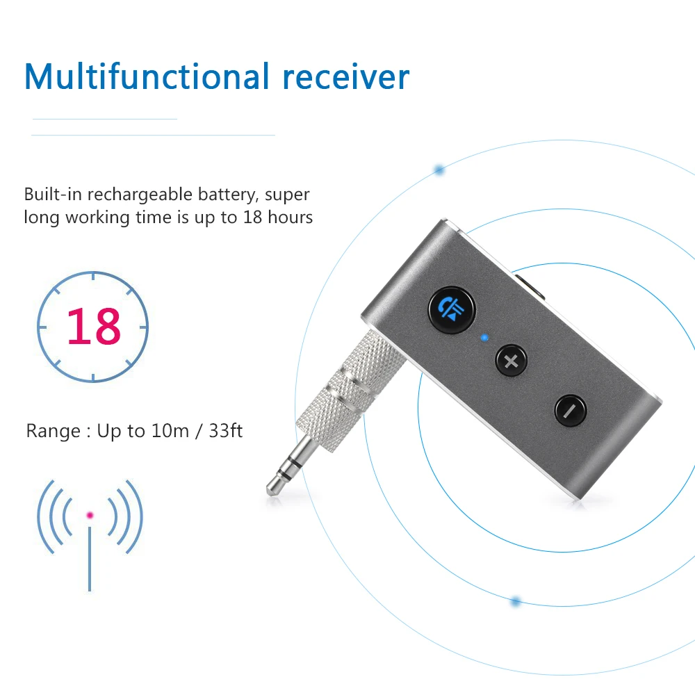  3.5mm Bluetooth 4.2 Receiver Rechargeable Music Audio Adapter Hands-free Car Kit AUX A2DP Receiver 