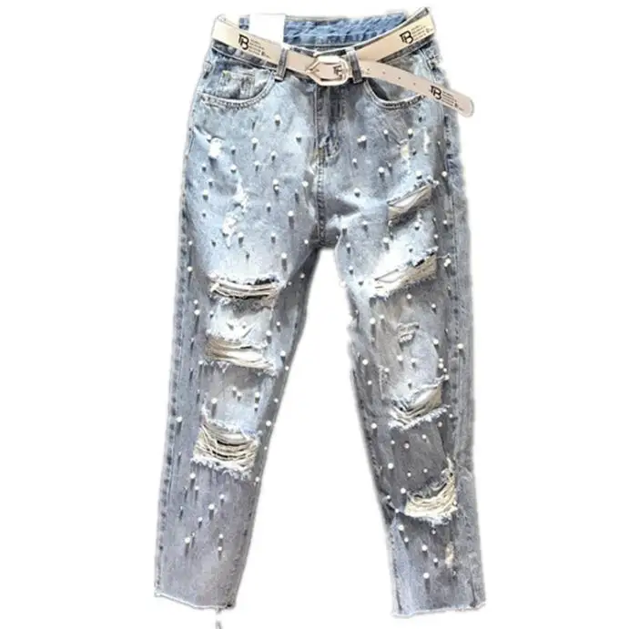 

2019 summer ankle length hole jeans women fashion beaded sequins feet harem pants plus size