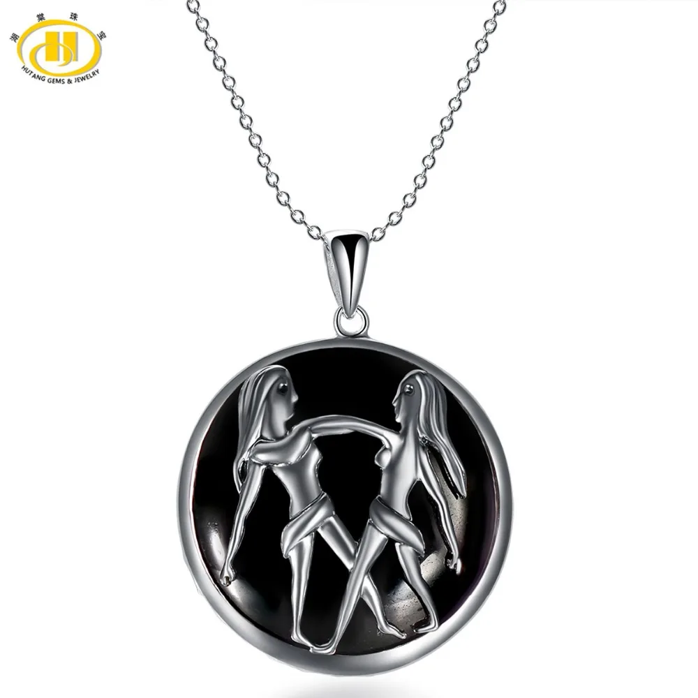 

Hutang Trendy Gemini Zodiac Natural Black Star Jade Pendant Solid 925 Sterling Silver Necklace Free Chain Women's Men's Jewelry