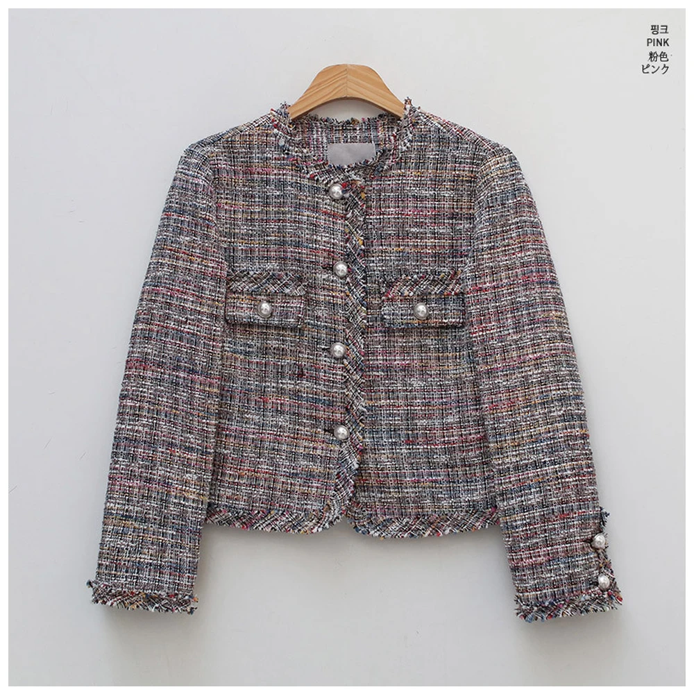 buy Women Chic Vintage Style O-neck Long Sleeves Check Plaid Single Breasted Pearl Designed Tweed Jacke