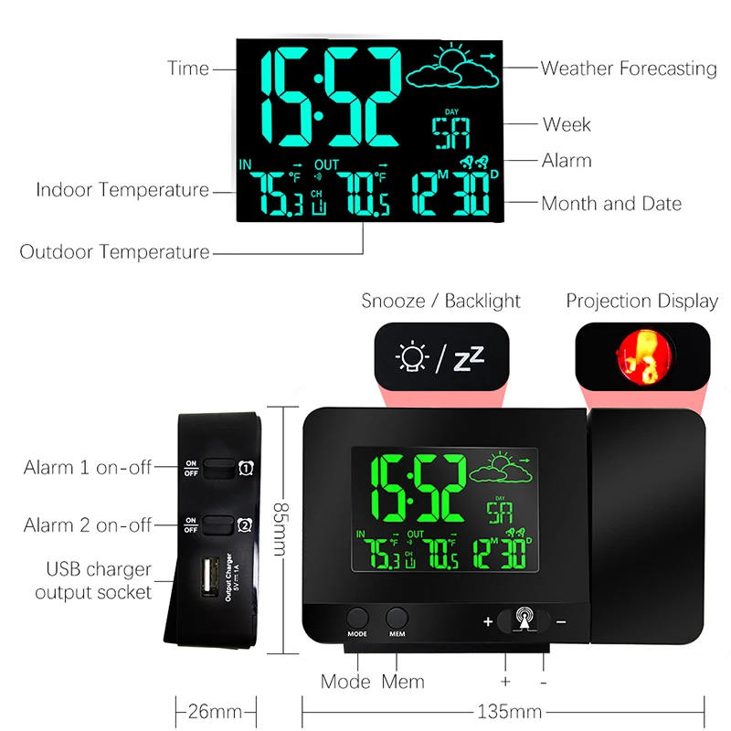 PROTMEX радио contraolled проекционный Будильник Метеостанция с датчиком температуры Красочный ЖК-дисплей
