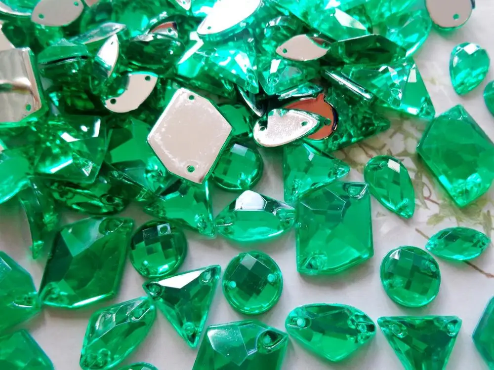 200pcs Mixed Green Sew on rhinestones Acryl crystal 6 kinds shape