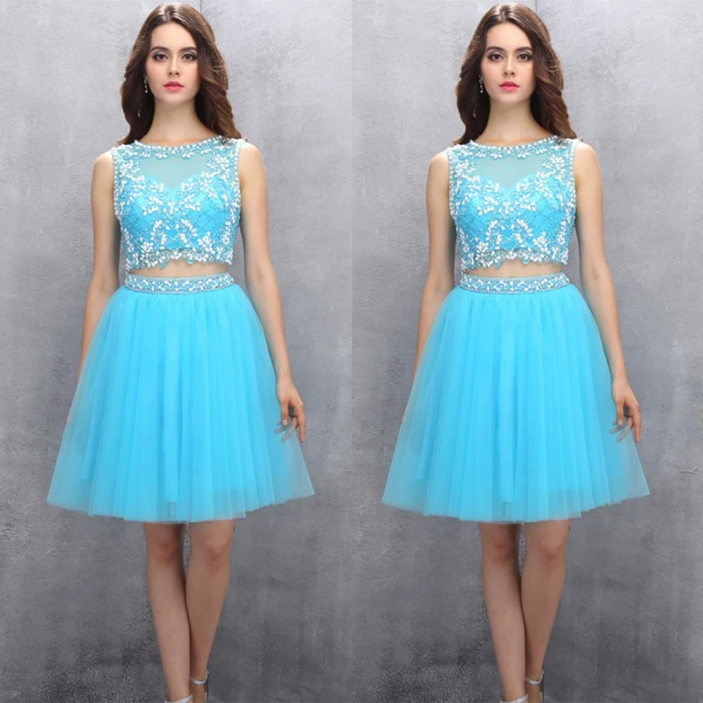 Elegant Short Light Blue Prom Dress Beaded Tulle Two Piece Prom Dresses