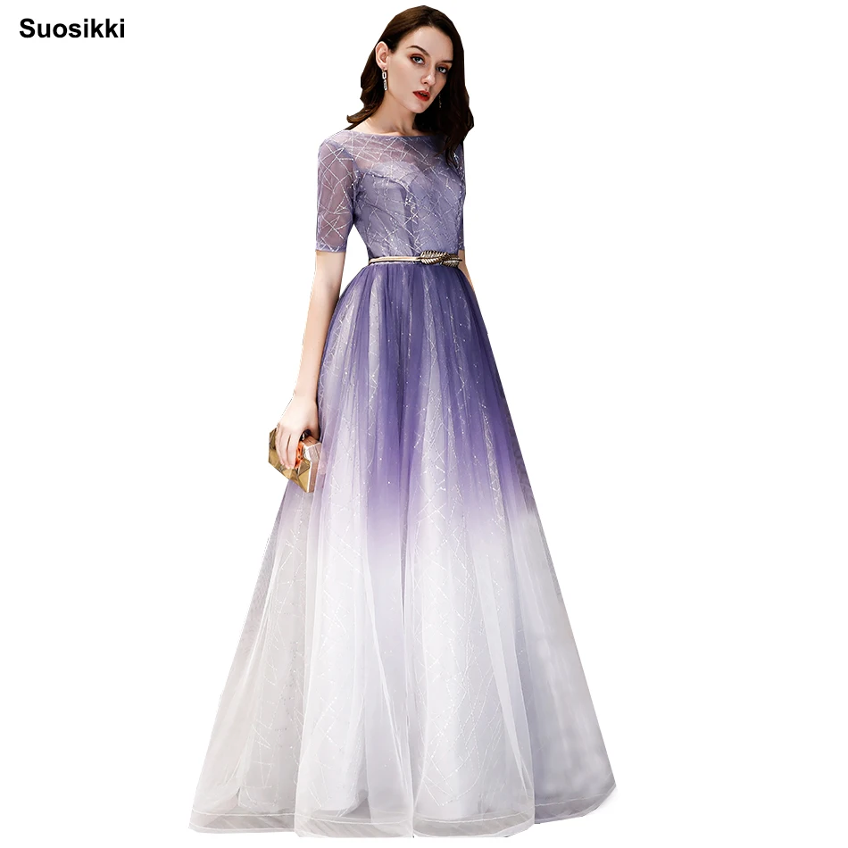 

Suosikki Gently Purple Long Evening Dress The Bride Sexy Half Sleeves Lace-up Back Slim Party Formal Dress Women Elegant