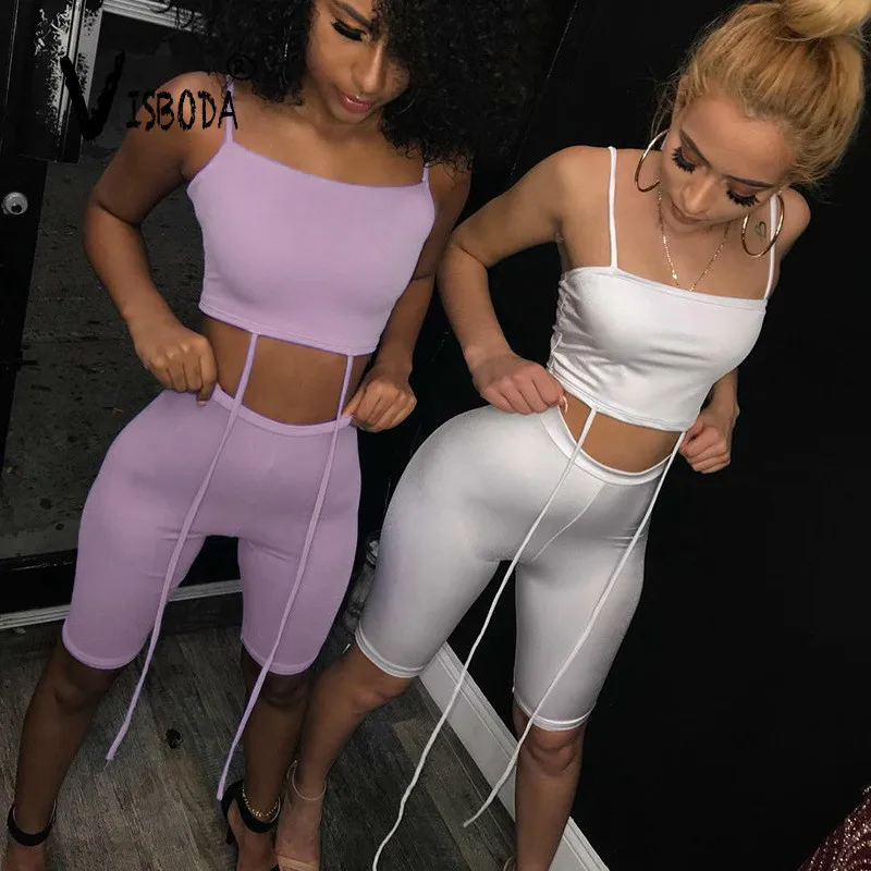 

Women Sexy 2 Pieces Set Pink Cropped Tank Top And Short Legging Pants Fashion Summer Female Sexy Sleeveless Bralette Match Suit