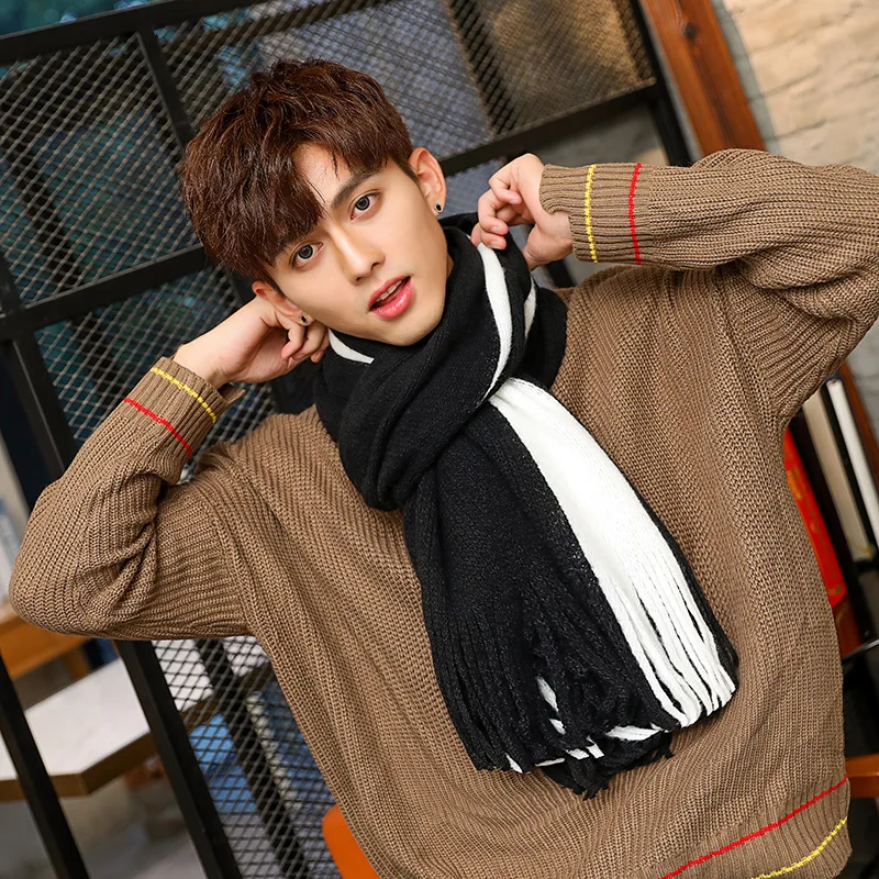 

VOHIO Winter designer scarf men striped cotton scarf female & male brand shawl wrap knit cashmere bufandas Striped scarf black