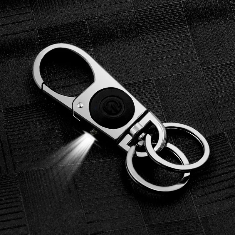 

2019 New Men Metal Keychain Business Style Black Leather LED Light Opener Multi-function Car Bag Key chain for Men Keyring