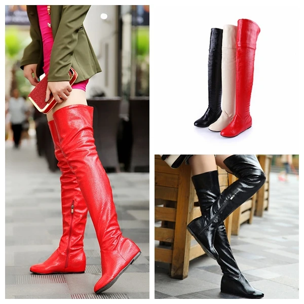 red thigh high boots flat