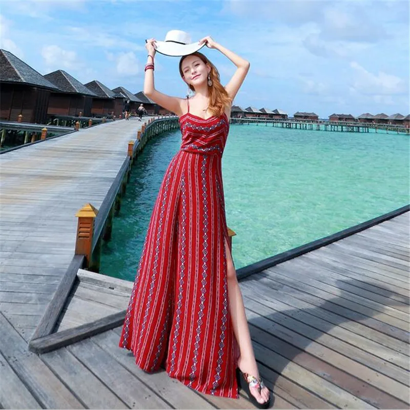 

Sexy Print Floral Summer Dress Strap Deep V Neck High Waist Beach Dresses Women 2019 New Slit Backless Long Dress A3232