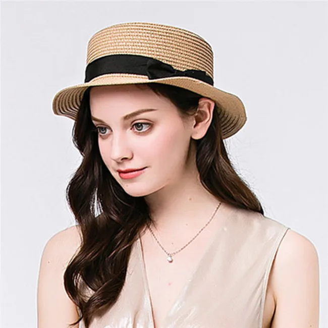 Yellow Straw Модная женская летняя соломенная плоская шляпа Toquilla для элегантной леди, шляпа от солнца Fedora, Женская пляжная Панама от солнца - Цвет: Yellow Straw