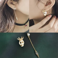 Doreen коробка череп голова Модные женские серьги гвоздики дизайн Асимметричные Стразы золотого цвета серьги ювелирные изделия, 1 пара