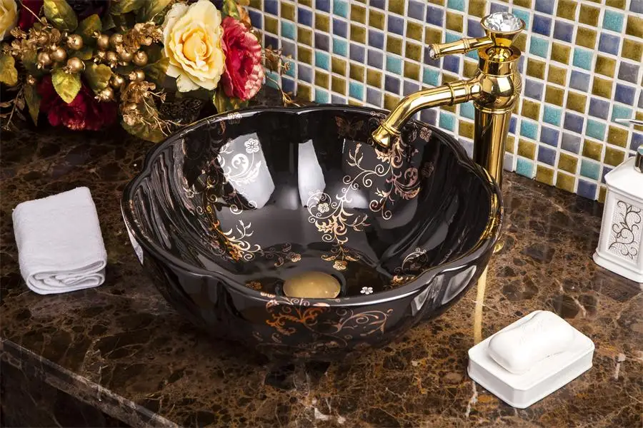 China Painting gold Flowers Ceramic Painting Art Lavabo Bathroom Vessel