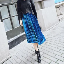 Nonis, Женская плиссированная Однотонная юбка с высокой талией, эластичная замшевая юбка средней длины, Женская винтажная юбка