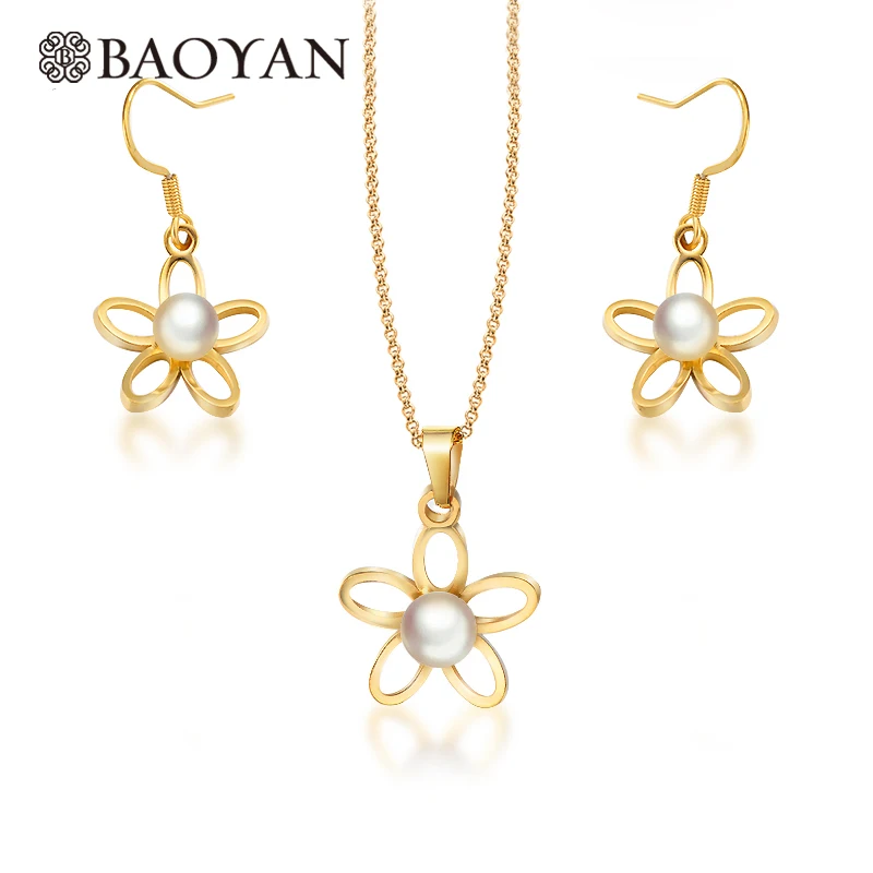 

Baoyan Plum blossom Flower Stainless Steel Jewelry Woman Bridal Wedding Jewelry Sets Pearl Pendant Necklace And Earing Set