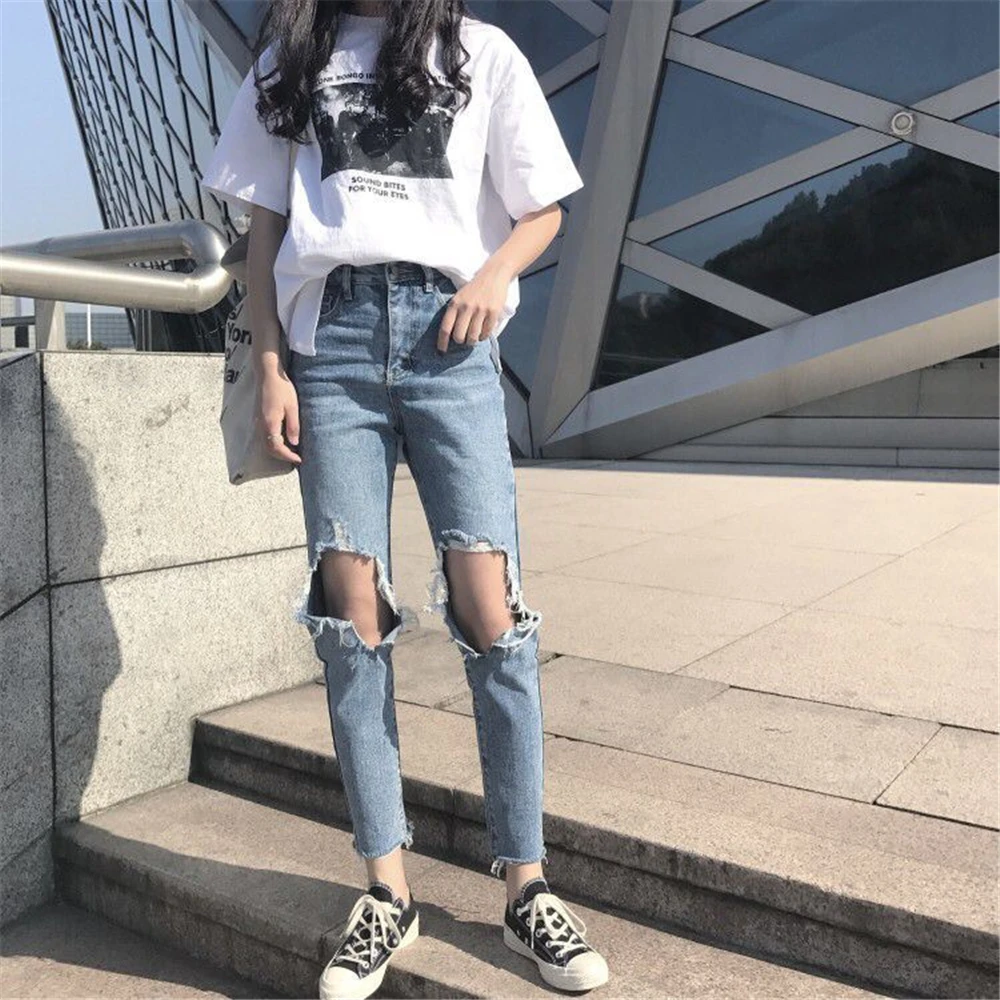 

Spring Autumn Women's Knee Hole Washed Mid-rise Jeans Fashion Personality Street Slim Nine Pants Light Color Old Straight Pants