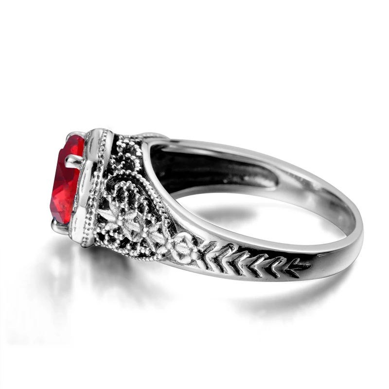 Szjinao Classic Prong Engraved Garnet Ring Flower Vine Leaf Design Solid 100% 925 Sterling Silver Women's Rings Fine Accessories