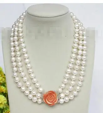 

Wholesale Lovely Women's Wedding Jewelry natural 17" 10mm 3row round white pearls necklace coral clasp