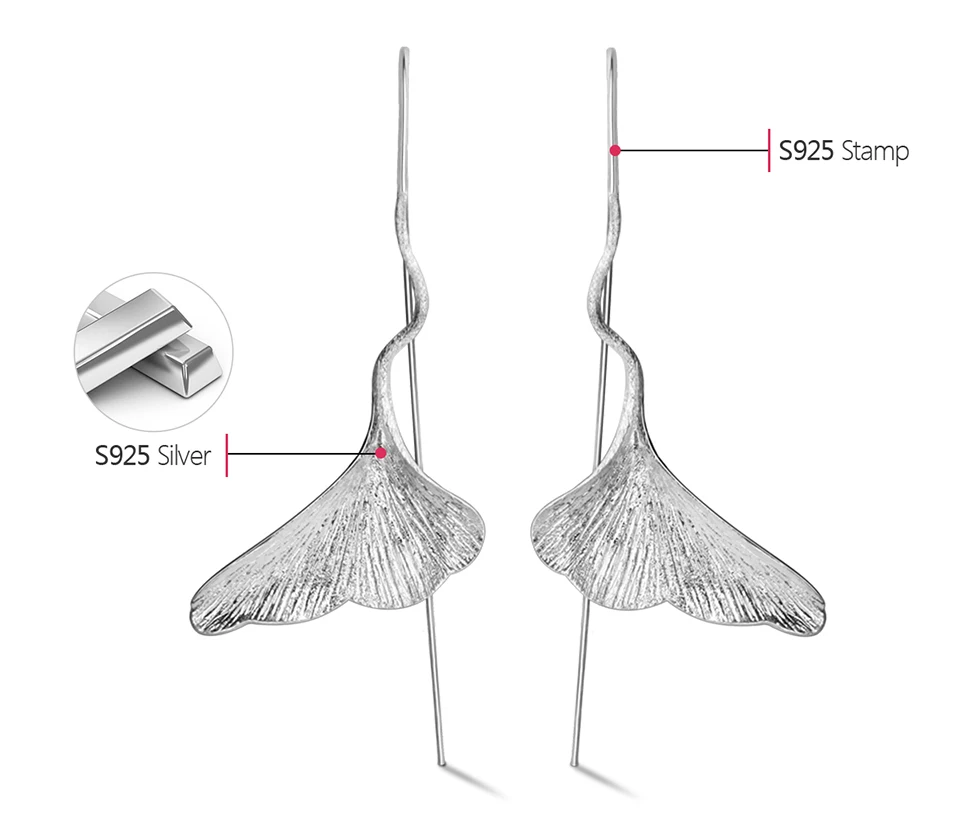 Muduh Collection Real 925 Sterling Silver Natural Handmade Designer Fine Jewelry Ginkgo Leaf Fashion Dangle Earrings for Women Brincos