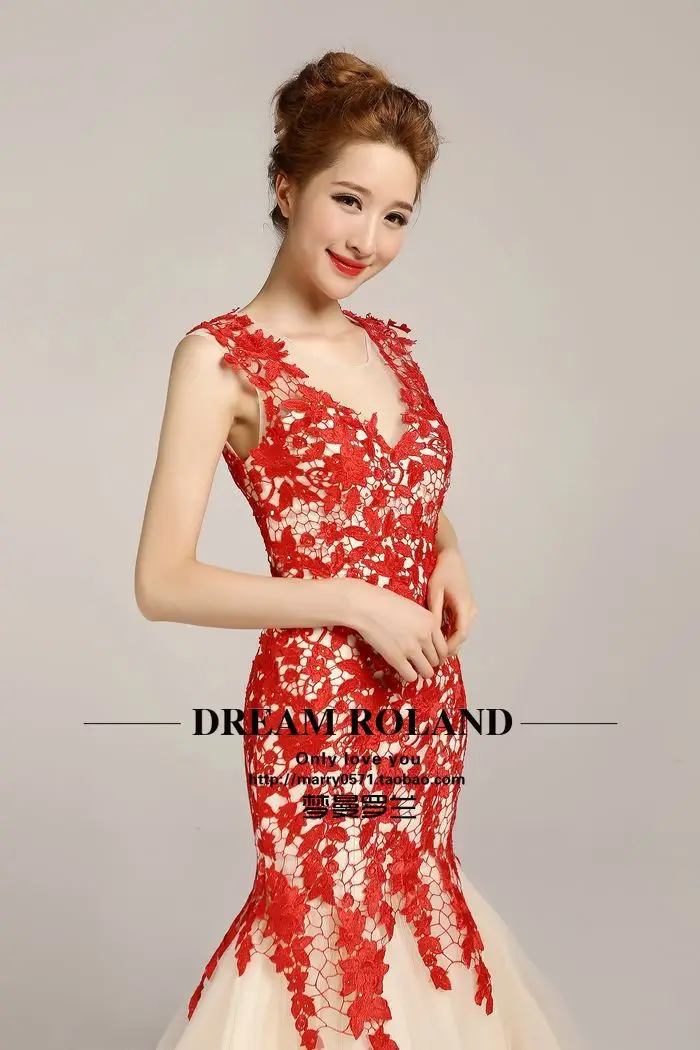 

free shipping 2014 new arrival vestidos de fiesta beaded v- neck elegant red Venice lace unique Mermaid evening party Dresses