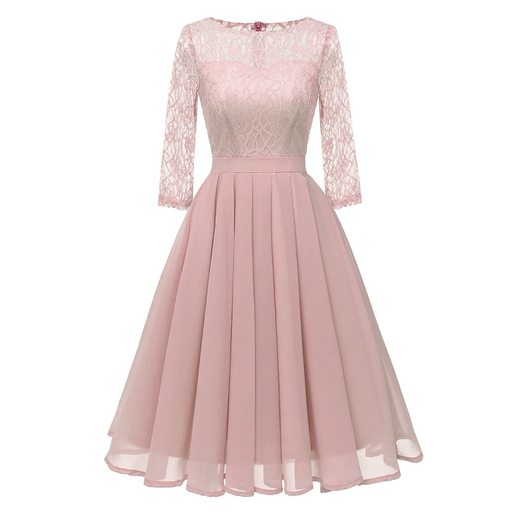 Летнее платье рукав повседневные женские винтажные принцесса цветочные кружева коктейльные О-образным вырезом Вечерние Aline свинговое платье-рубашка# N05
