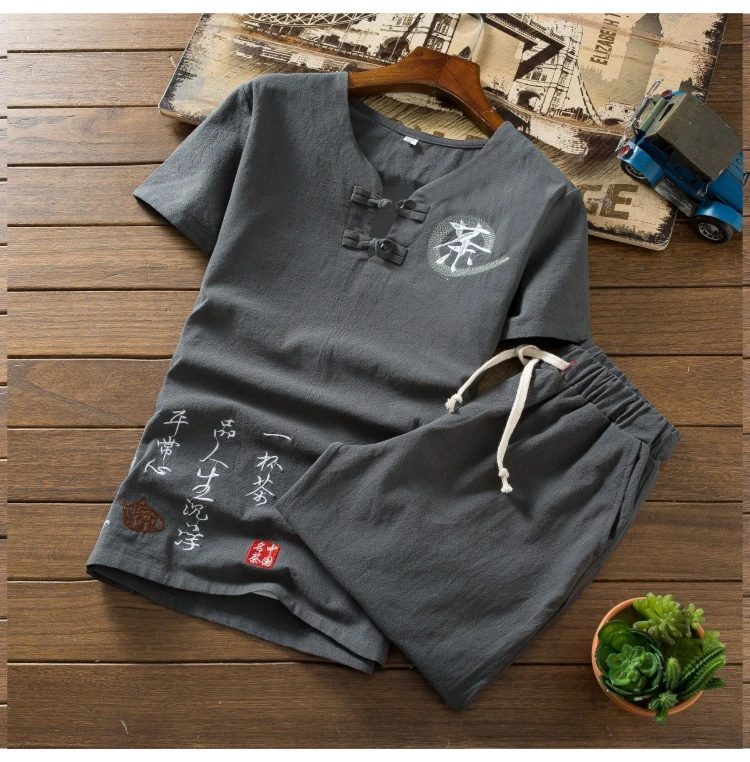 Летняя мужская футболка с короткими рукавами и вышивкой, шорты с завязками, модный костюм для досуга, хлопковая и льняная ткань