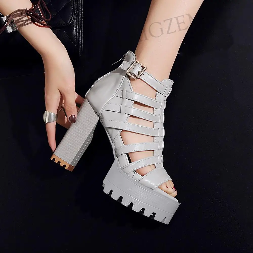 LAIGZEM FASHION Women Sandals Chunky Heels Sandals Straps Back Zipper Faux Leather Ladies Shoes Summer Woman Big Size 33-45 (7)