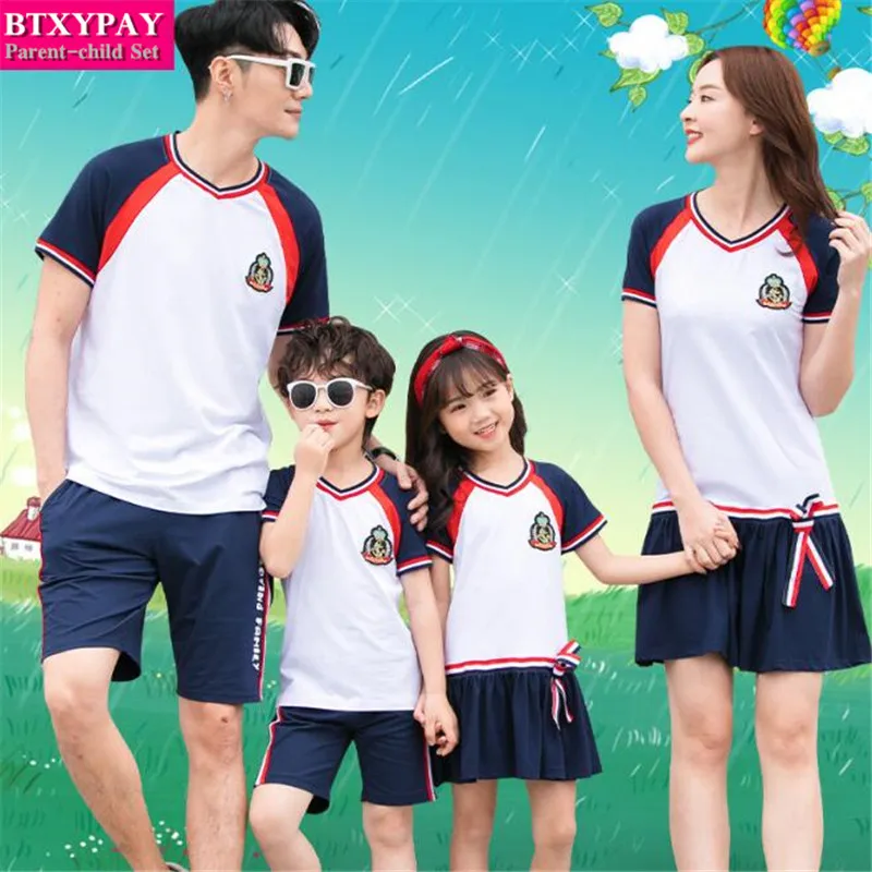 

2019 Summer Parent-child Sets Kids Boy T-shirts Family Matching Outfits Man Short Sleeves&Shorts,Women&Girl College Style Dress