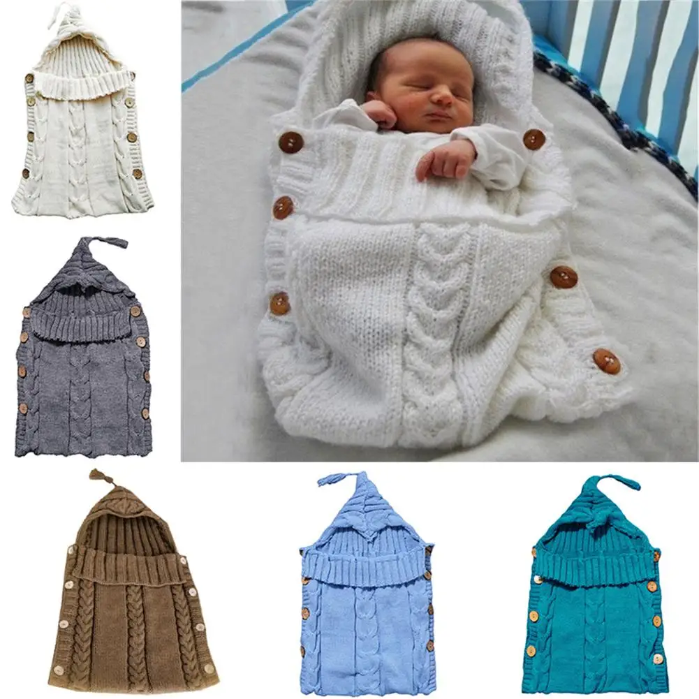Buy Newborn Hood Warp Button Sleeping Bag Baby Infant Knit Crochet Swaddle Wrap