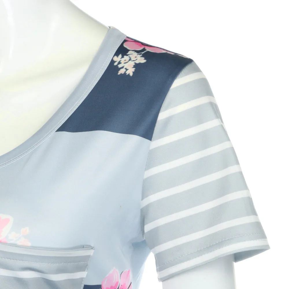 Милая богемная женская футболка, винтажный цветочный принт, топы с коротким рукавом, полосатая футболка с карманом для девочек, Camisetas Mujer, 3 цвета# L