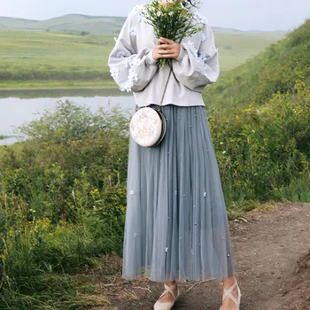 

MX234 New Arrival Autumn 2017 vintage elastic high waist beaded tulle skirt women