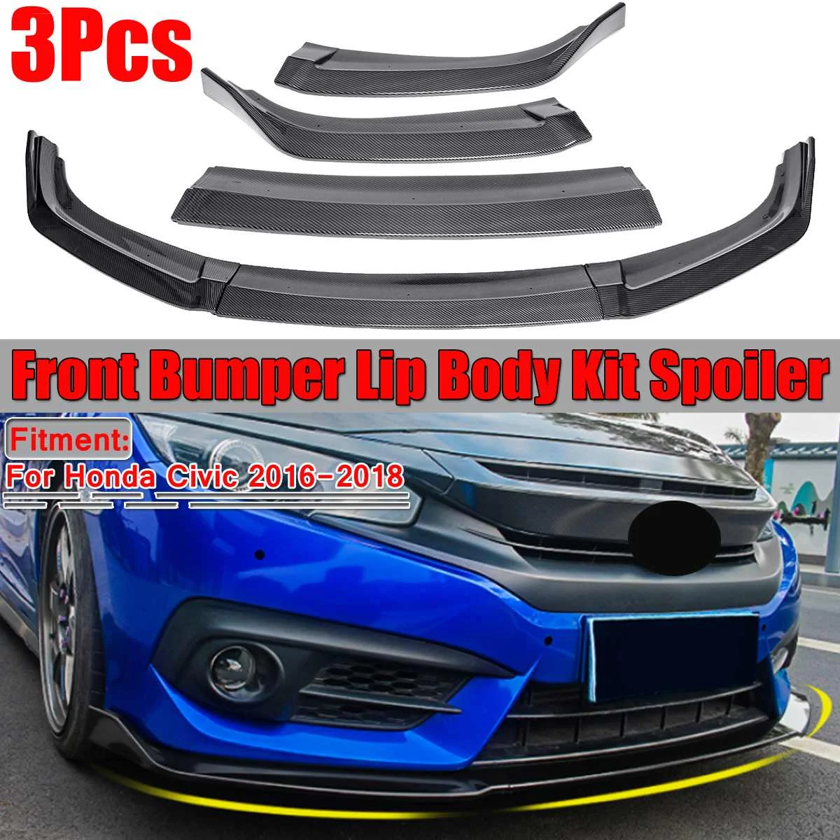 

New 3Pcs Car Front Bumper Lip Spoiler Diffuser Cover Trim For Honda For Civic 2016 2017 2018 Front Bumper Lip Splitter Fins Body