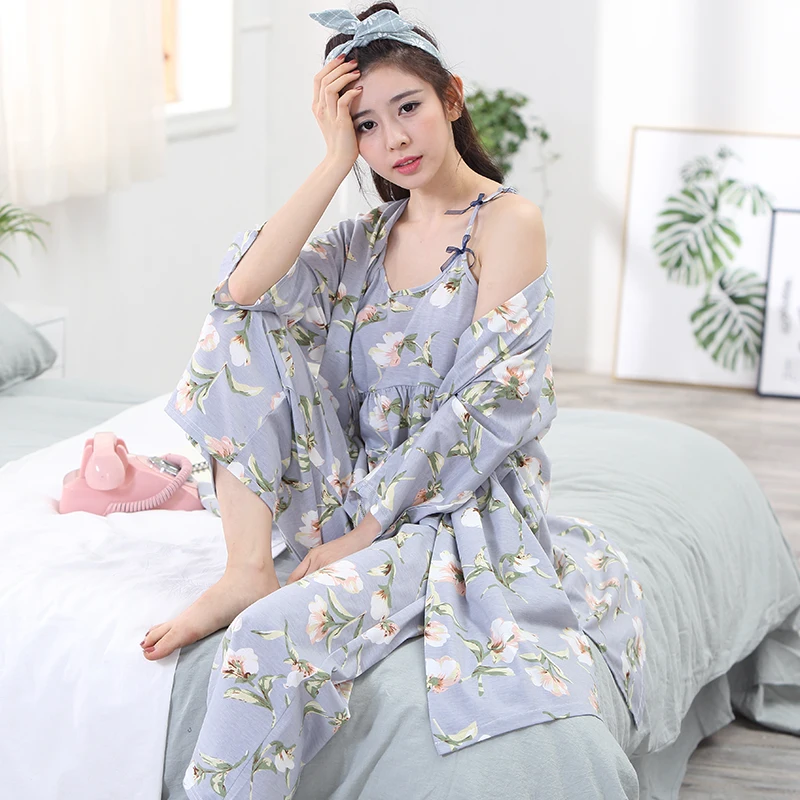 3 pieces tops + trousers + robe summer pajamas sets women 100 cotton
