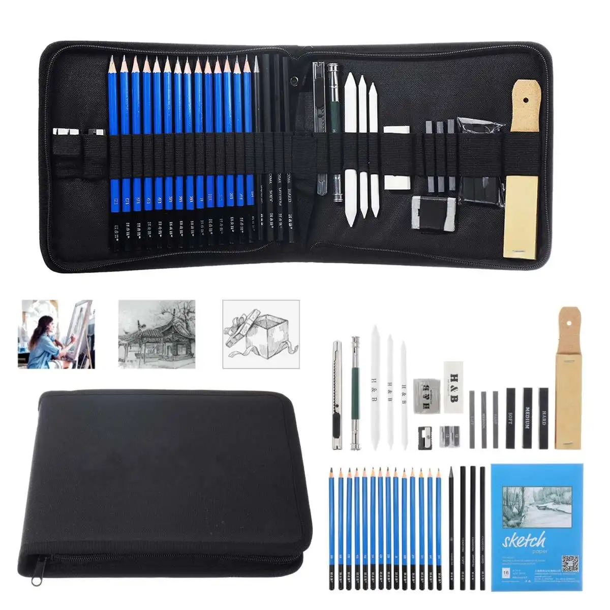 

35Pcs Professional Drawing Pencils Set Artist Kit Pencils Sketch Charcoal Art Tools Painting Sketching Supplies School Office