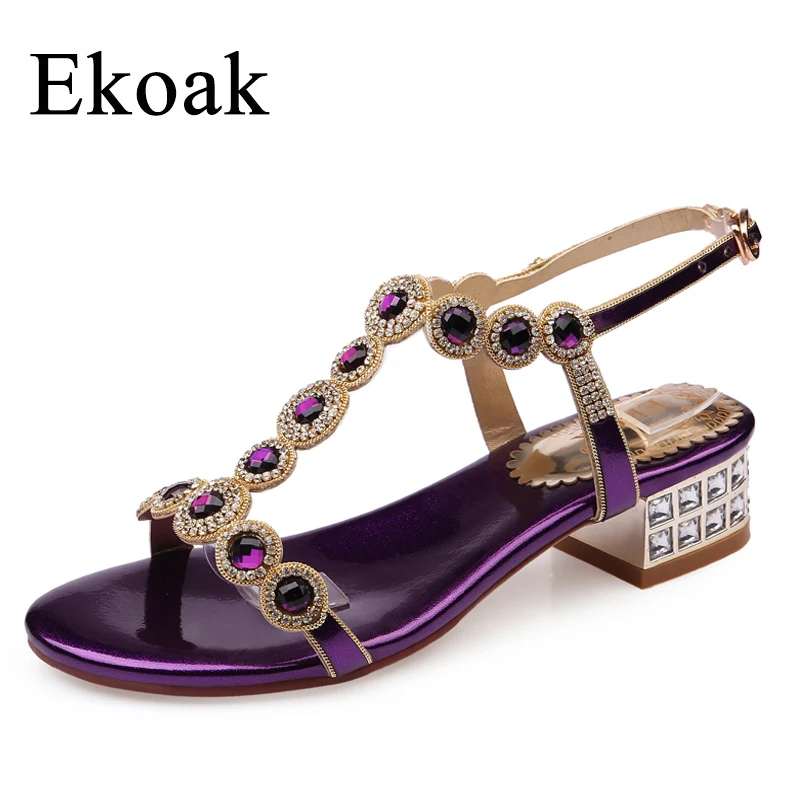 

Ekoak Size 35-43 New 2017 Summer Rhinestone Women Sandals Ladies Sexy Party Shoes Fashion T-Strap Med Heel Women Shoes