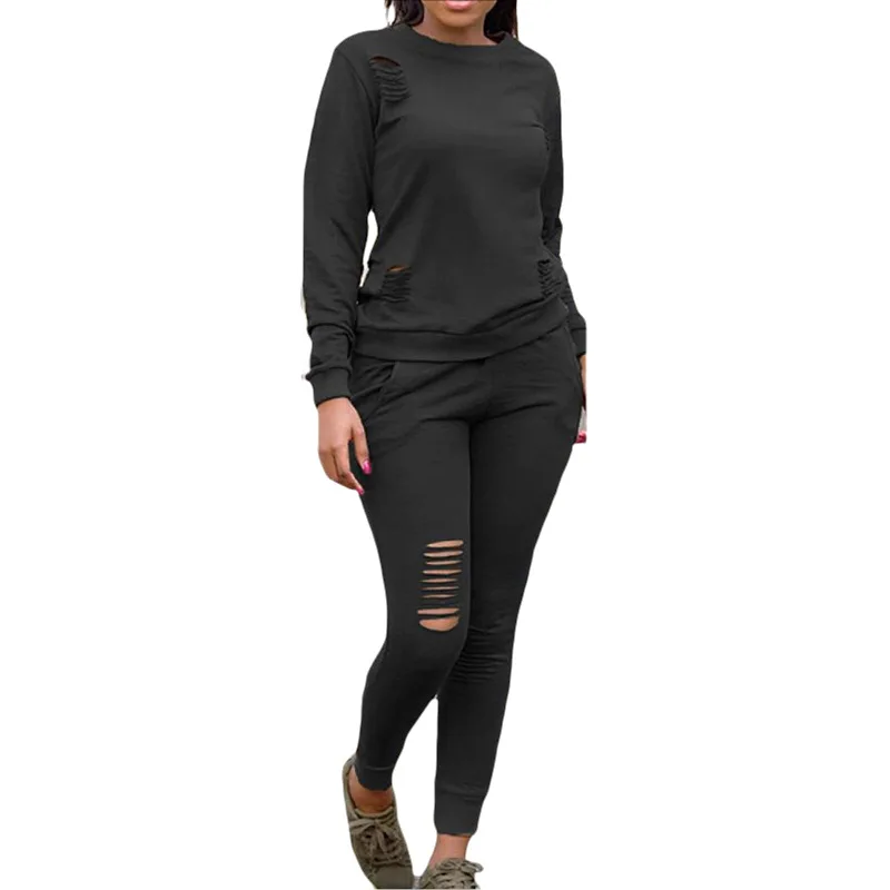 

European and American pure color autumn and winter fashion large casual broken hole comfortable long sleeve women's two sets