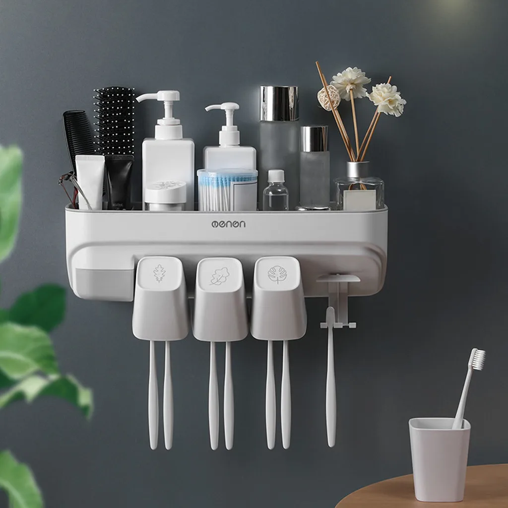 

2019 Wall Mounting Dustproof Brush Holder with Cups Set of Bath Accessories Automatic Toothpaste Dispenser 7