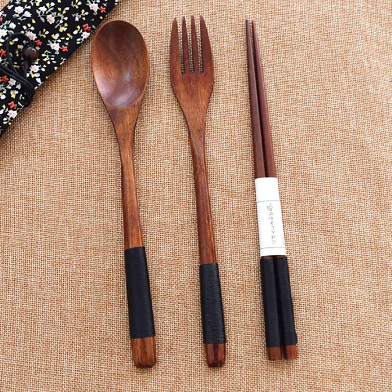 Wood Portable Tableware Wooden Cutlery Sets Travel Dinnerware Suit Environmental Cloth Pack Gift