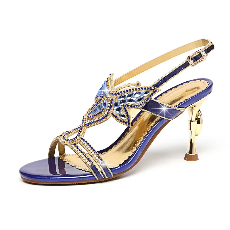Пикантные женские сандалии обувь на высоком каблуке брендовые Стразы туфли на высоком каблуке с ремешком; женские Босоножки с открытым носком; вечерняя Обувь с ремешками на щиколотке женские XMX-B0028 - Цвет: Синий