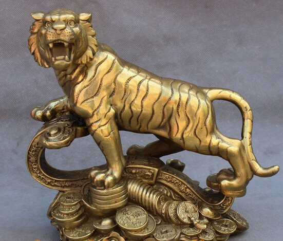 

shitou 002374 9" Chinese FengShui Brass Wealth YuanBao Coin Year Zodiac Tiger On RuYi Statue discount 30% (C0324)