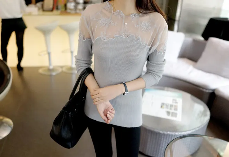 Sexy Slim Pullovers Female 2019 New Long Sleeve Gauze Lace Stitching Sweater Women Fashion Knitted Sweater Sueter Mujer (9)