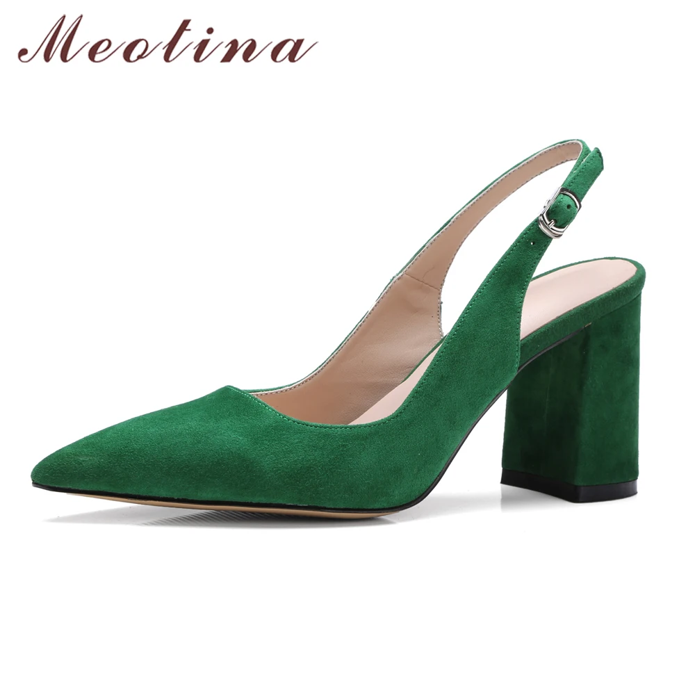 Meotina/Женская обувь замшевые туфли-лодочки на Высоком толстом каблуке с острым носком и петлей на пятке осенние женские Вечерние туфли на каблуке; Цвет зеленый, бежевый; размеры 34-39