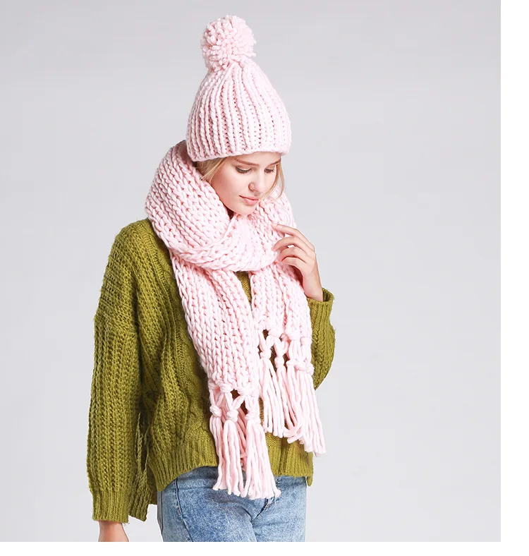 Зимний Теплый женский шарф+ шапка, комплект из двух предметов, ручная работа, высокое качество, Рождественская одежда, пончо, модная женская вязаная шапка, шарф, костюм