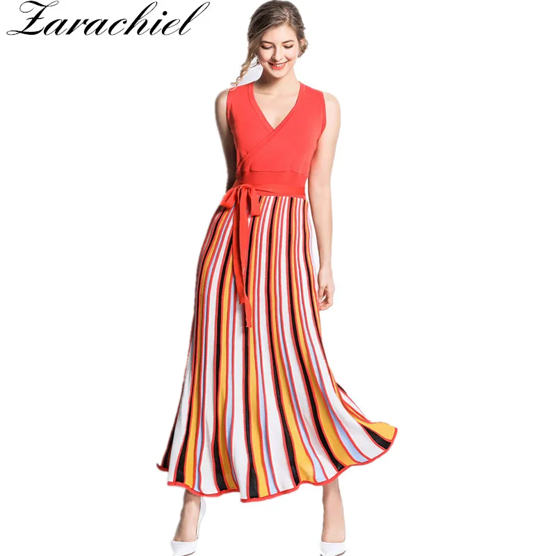 

Women 2019 Spring Orange Knitting Dress Elegant Sleeveless V Neck Belt Long Pleated Dress Patchwork Striped Sweater Tank Dress
