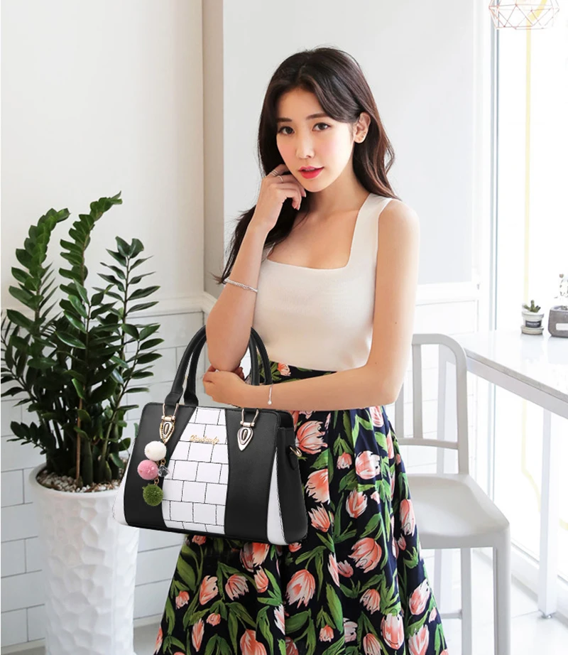 Women Handbags Luxury PU Leather Female Shoulder Bag Plaid Lady Crossbody Bag Large Capacity Hairball Pendant Tote Sac SS7050 (21)